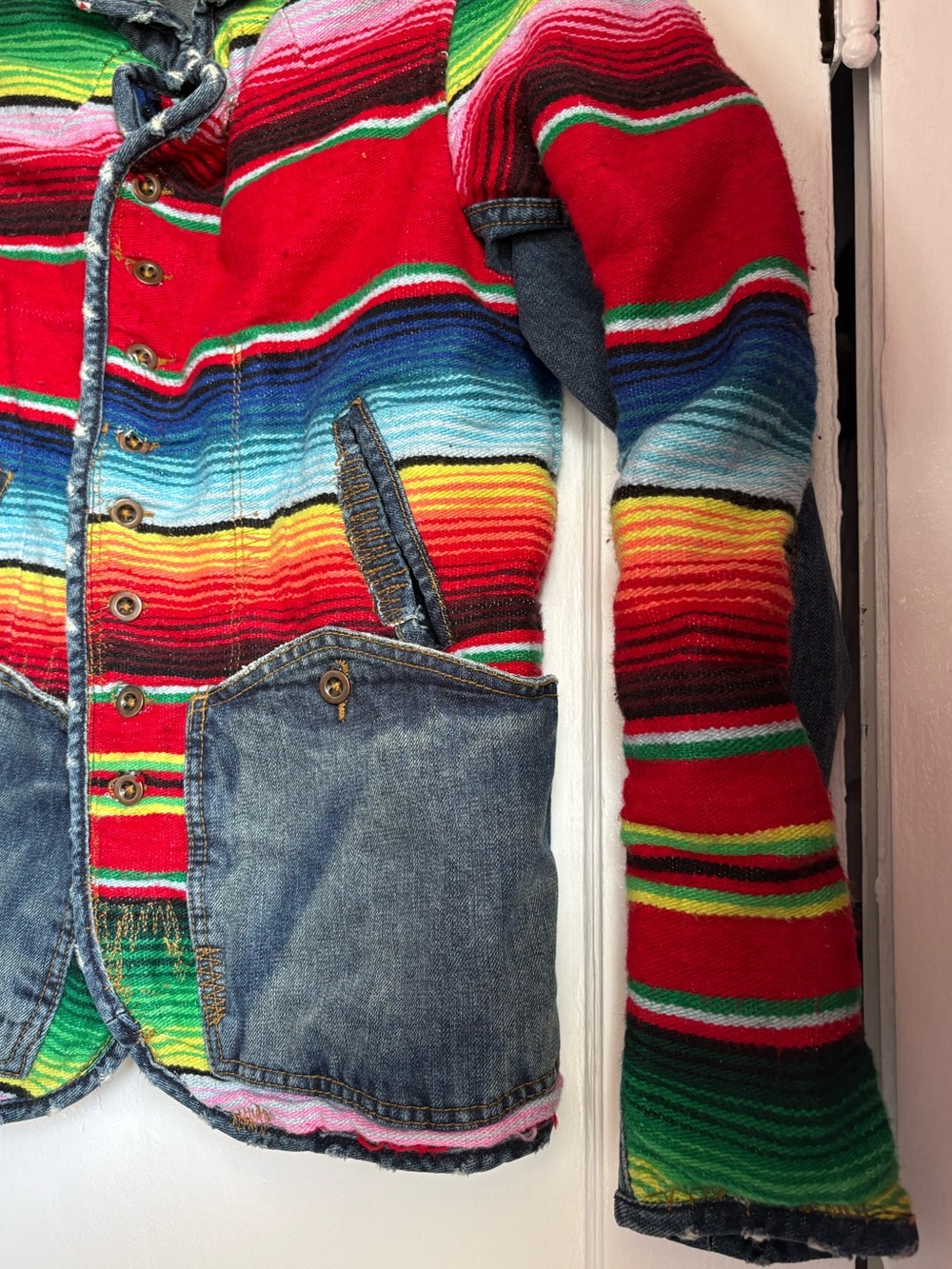 Free People ADL Serape Blanket Denim Mixed Media Patchwork Jacket Boho XS - Picture 3 of 8